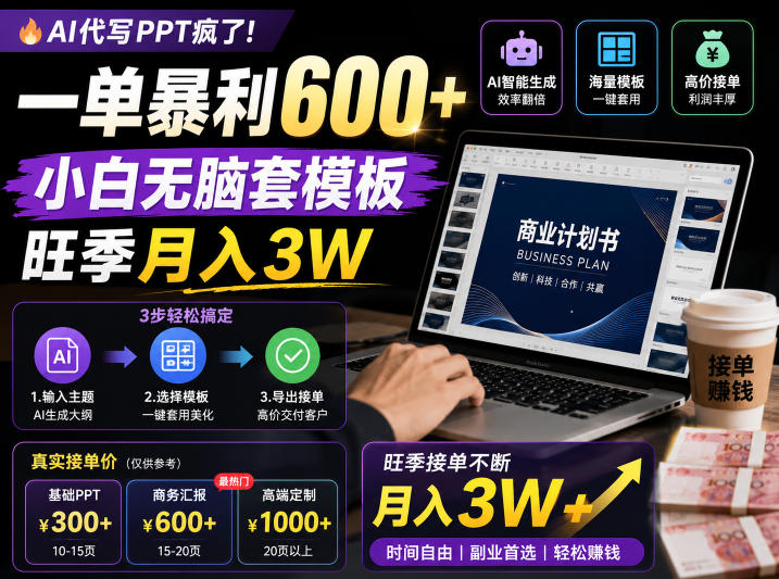 AI代写PPT疯了！一单暴利600+，小白无脑套模板，旺季月入3W，不用苦哈哈引流【揭秘】 - 项目资源网