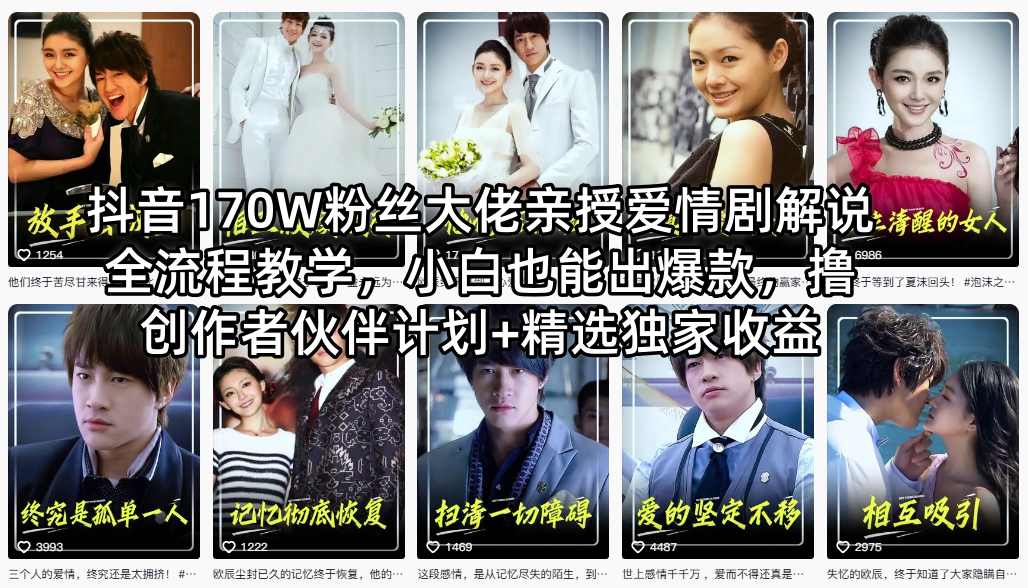抖音170W粉丝大佬亲授爱情剧解说全流程教学，小白也能出爆款，撸创作者伙伴计划+精选独家收益 - 项目资源网