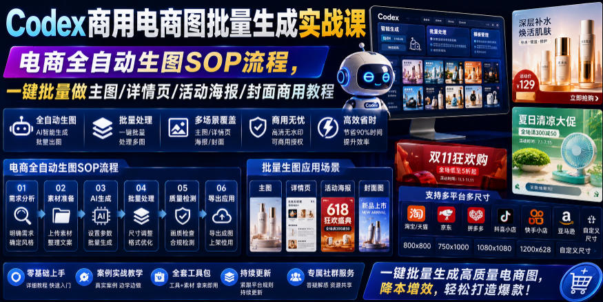 Codex商用电商图批量生成实战课｜电商全自动生图SOP流程，一键批量做主图/详情页/活动海报/封面商用教程 - 项目资源网