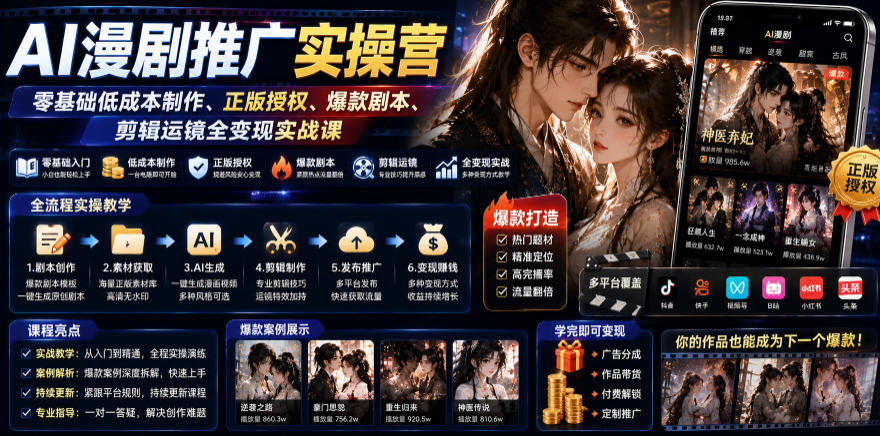AI漫剧推广实操营｜零基础低成本制作、正版授权、爆款剧本、剪辑运镜全变现实战课 - 项目资源网
