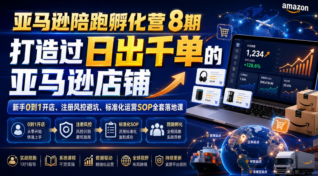 亚马逊陪跑孵化营8期，打造过日出千单的亚马逊店铺，新手0到1开店、注册风控避坑、标准化运营SOP全套落地课 - 项目资源网