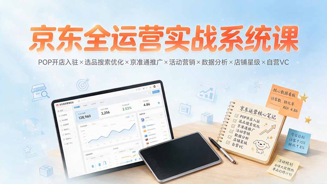 京东全运营实战系统课：POP开店入驻×选品搜索优化×京准通推广×活动营销×数据分析×店铺星级×自营VC - 项目资源网