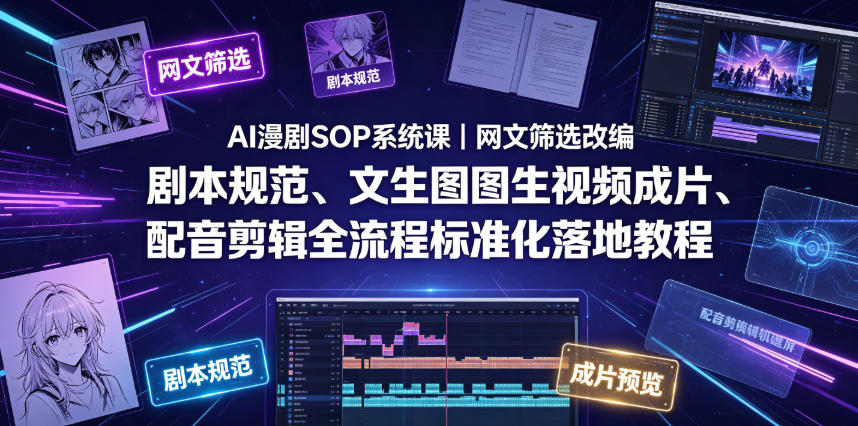 AI漫剧SOP系统课｜网文筛选改编、剧本规范、文生图图生视频成片、配音剪辑全流程标准化落地教程(更新) - 项目资源网