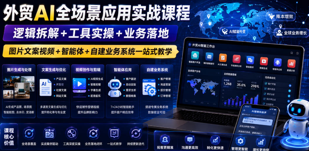 外贸AI全场景应用实战课程｜逻辑拆解+工具实操+业务落地，图片文案视频+智能体+自建业务系统一站式教学 - 项目资源网